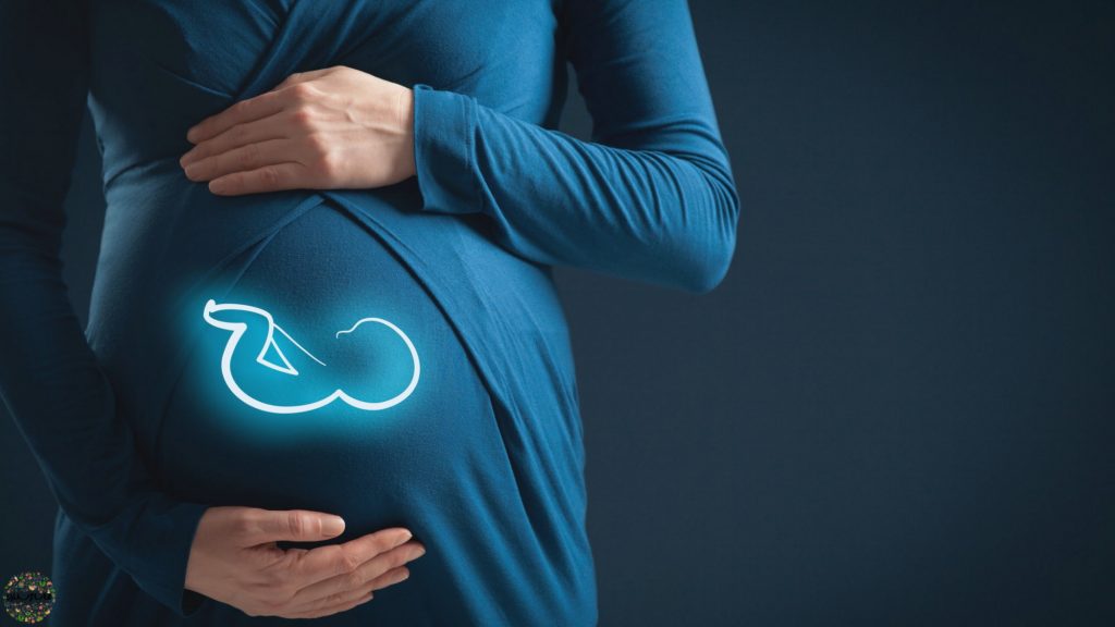 شکل جنین بصورت نقاشی بر روی تصویر مادر بارداری که دو دست خد را بالا و پایین شکم خود گذاشته